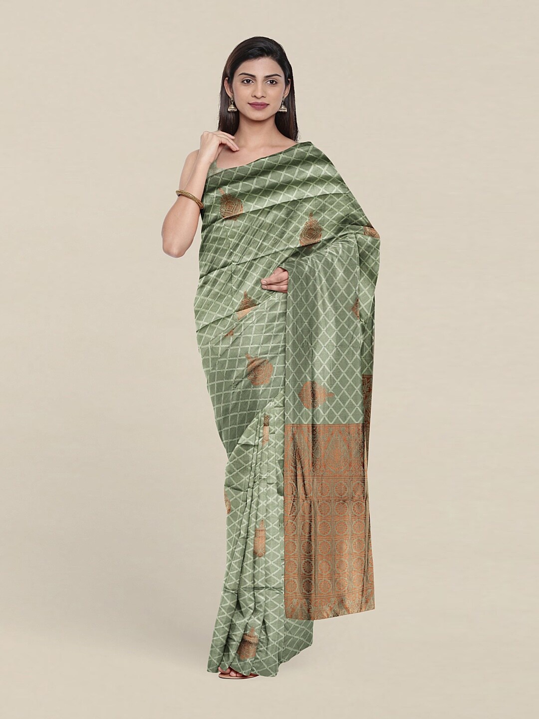 

Pothys Green & Copper-Toned Woven Design Zari Saree