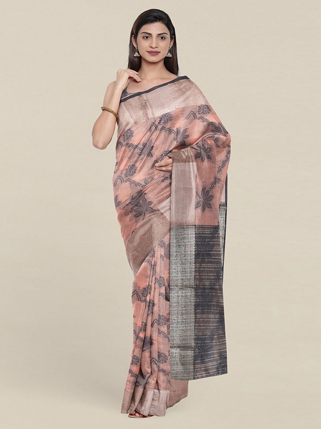 

Pothys Peach-Coloured & Grey Floral Printed Zari Saree