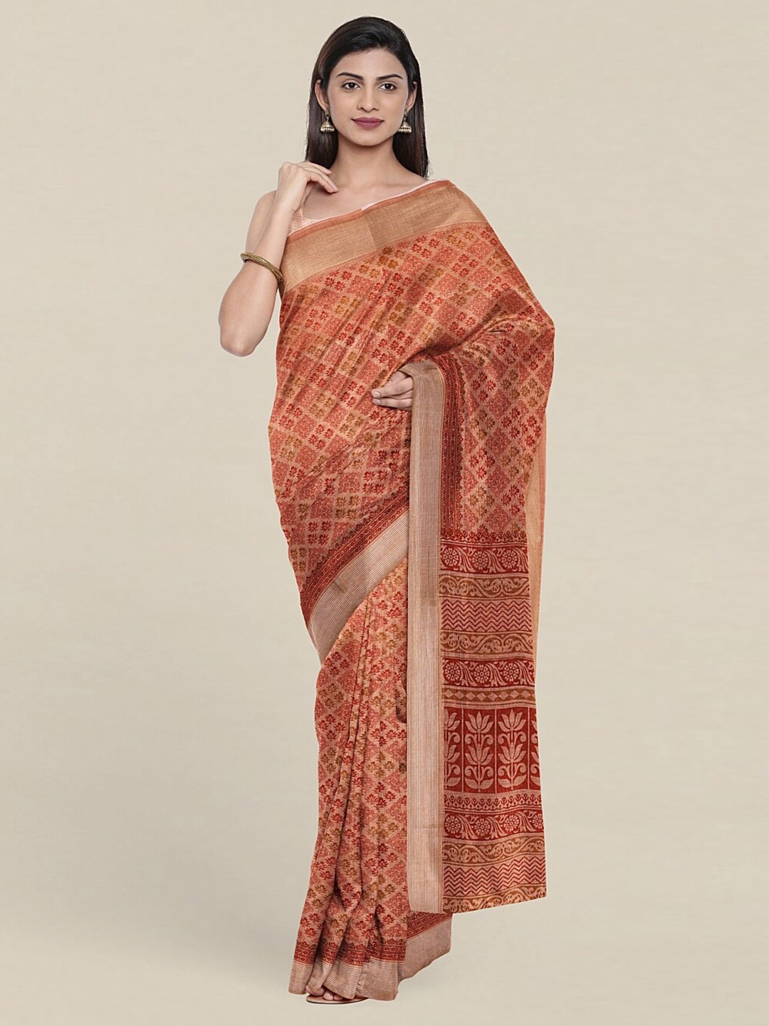 

Pothys Peach-Coloured & Rust Floral Zari Saree