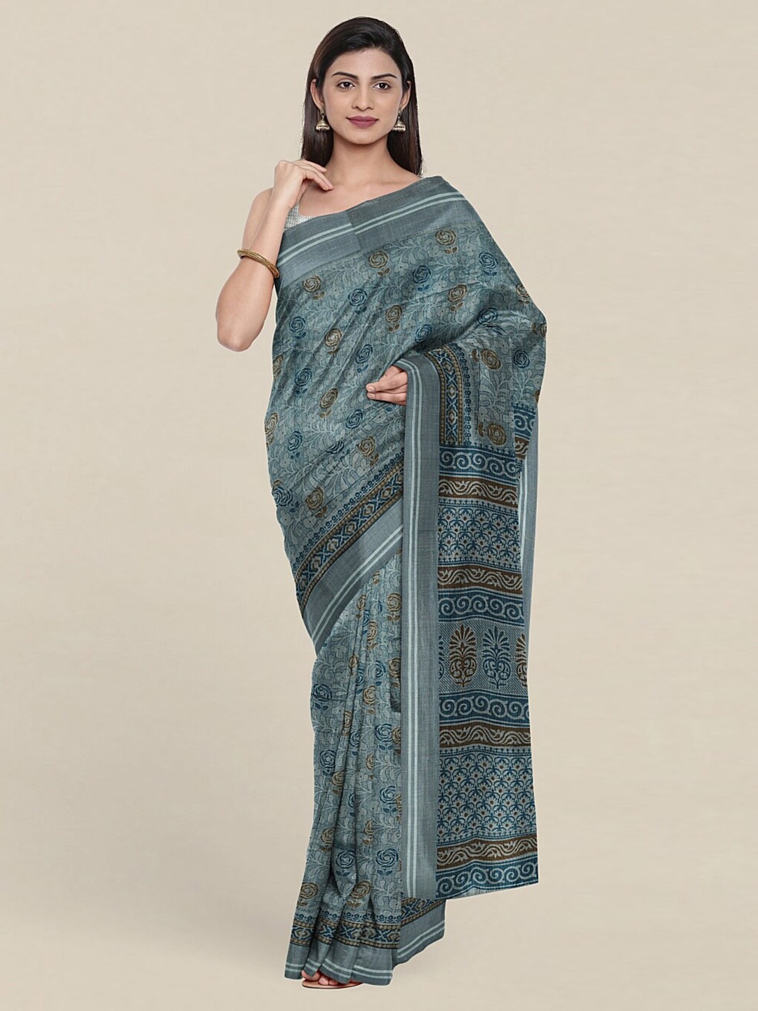 

Pothys Green & Blue Floral Cotton Blend Saree