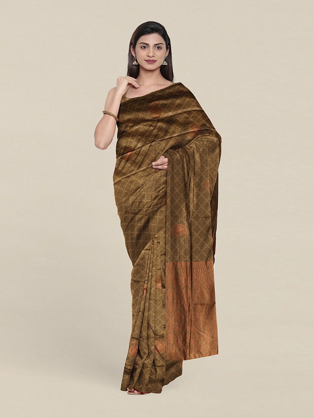 

Pothys Green & Copper-Toned Woven Design Zari Saree