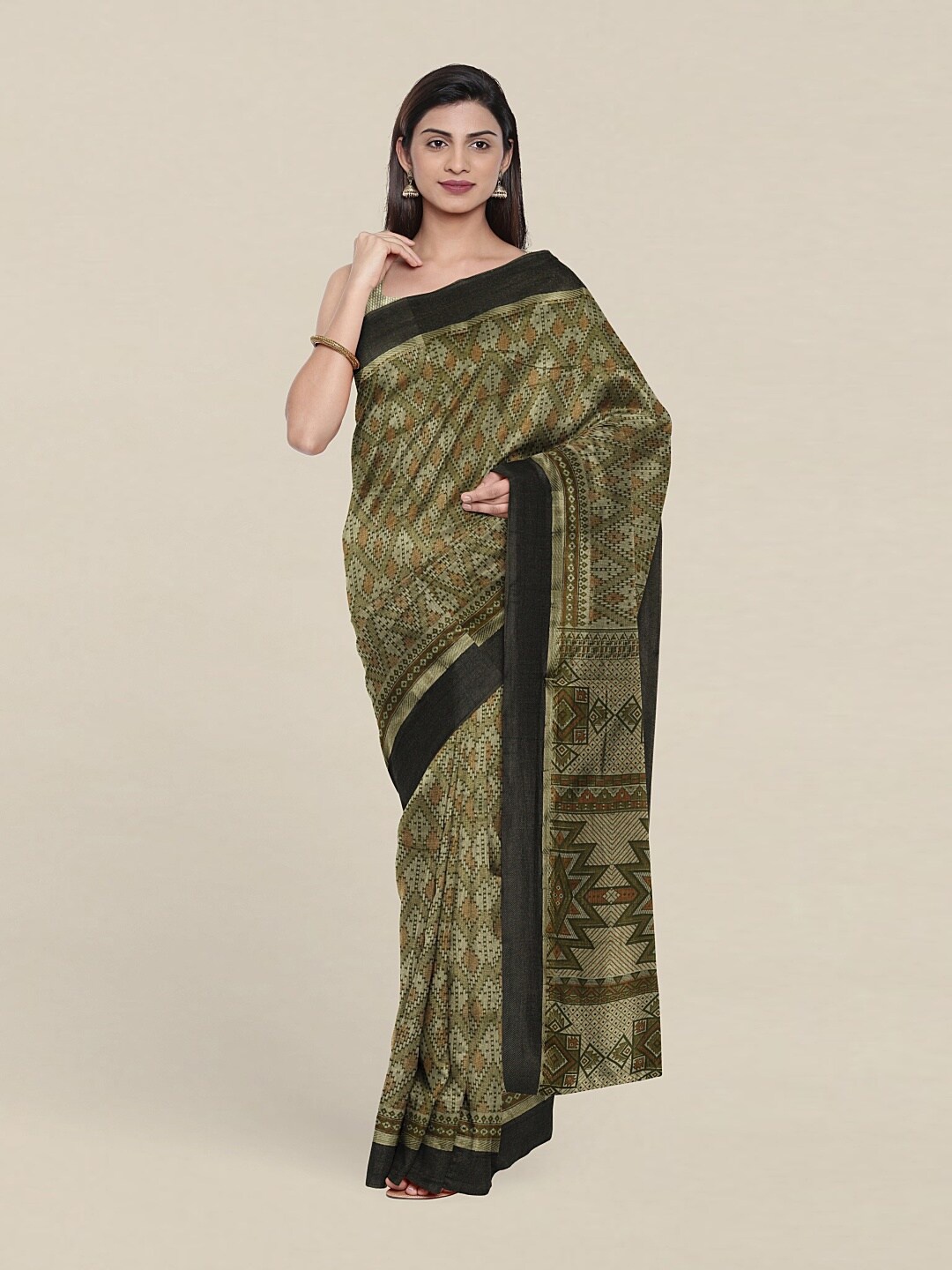 

Pothys Green & Brown Ethnic Motifs Printed Cotton Blend Zari Saree