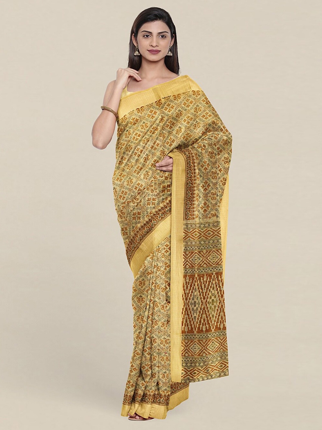 

Pothys Yellow & Brown Ethnic Motifs Printed Cotton Blend Saree