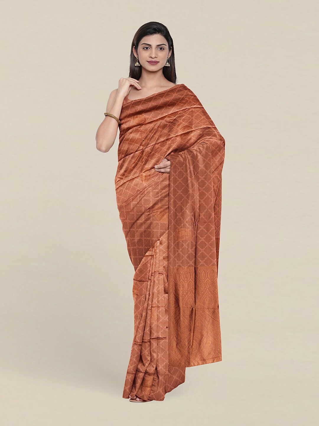 

Pothys Peach-Coloured & Copper-Toned Ethnic Motifs Zari Saree