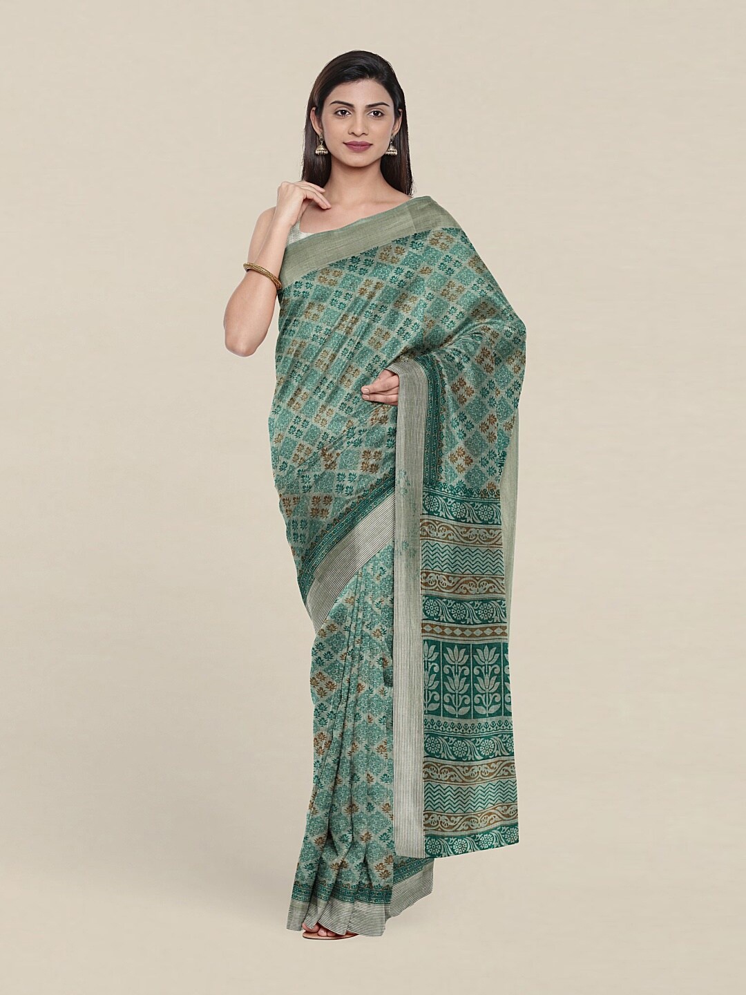 

Pothys Green & Brown Floral Zari Saree