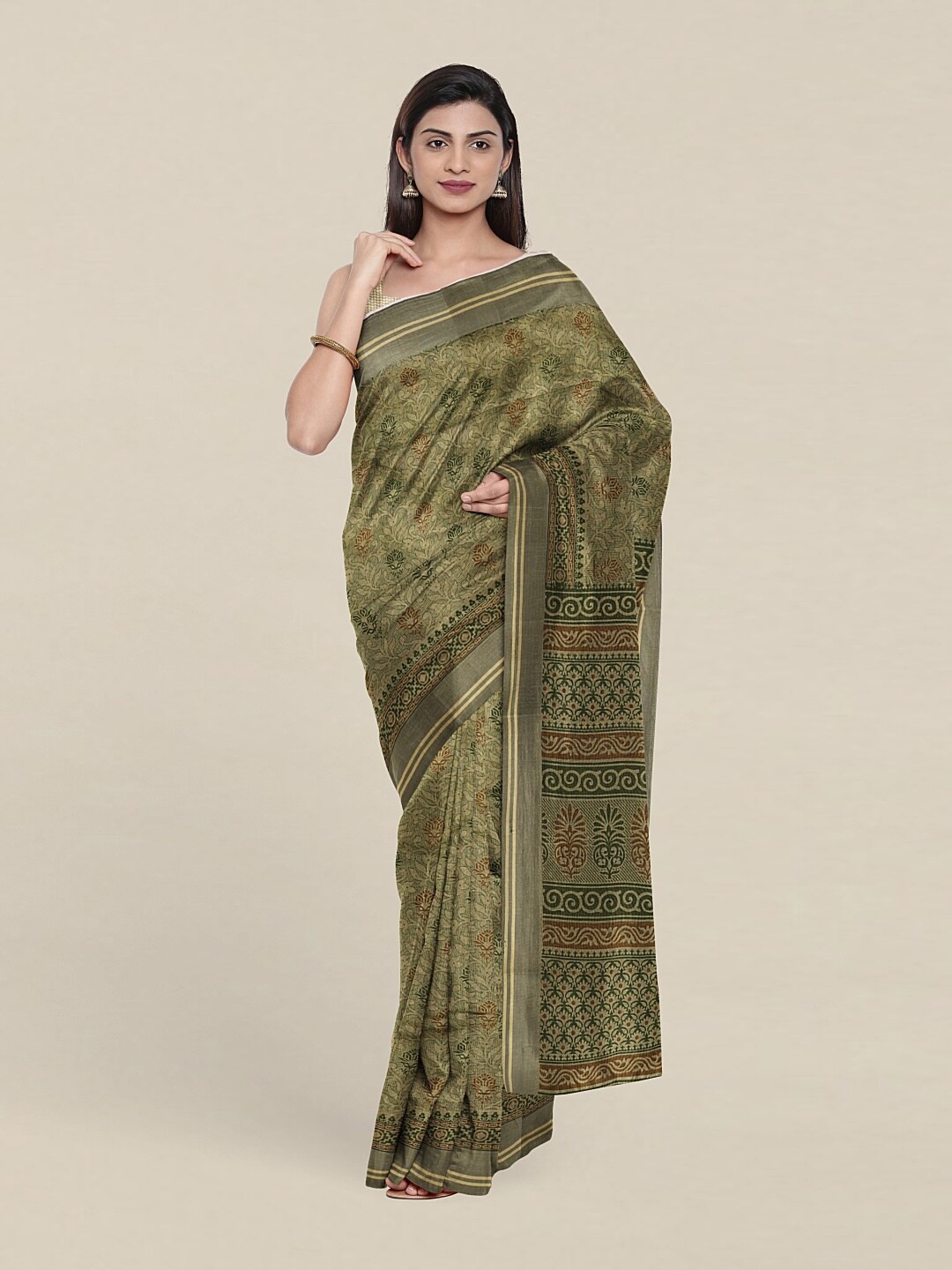 

Pothys Green And Red Floral Print Zari Saree