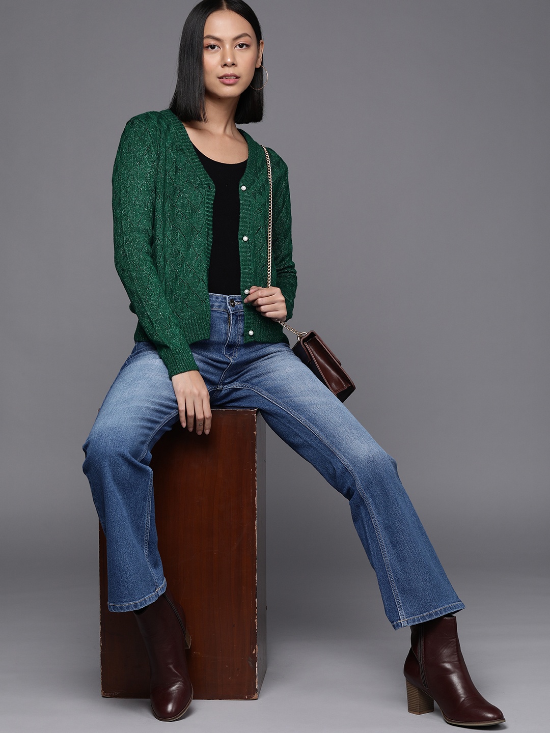 

Allen Solly Woman Green Cable Knit Cardigan