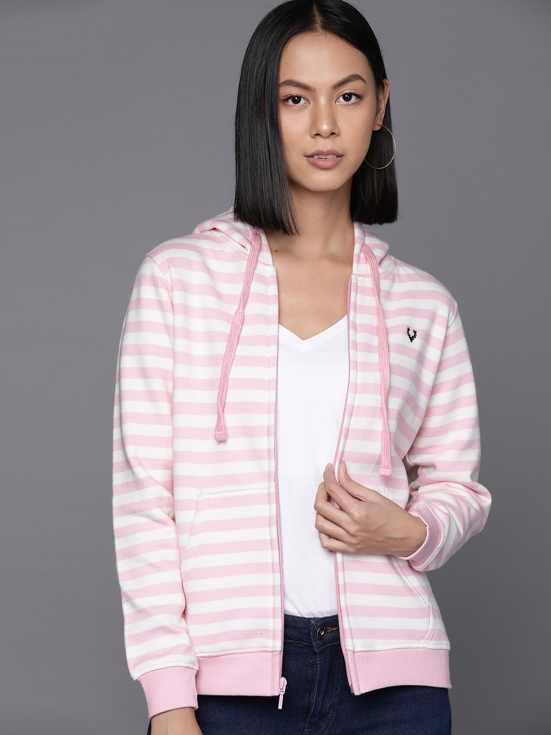 

Allen Solly Woman Pink & White Striped Hooded Sweatshirt