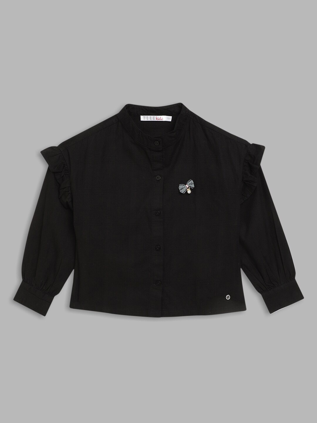 

ELLE Girls Self Design Mandarin Collar Cotton Shirt Style Top, Black