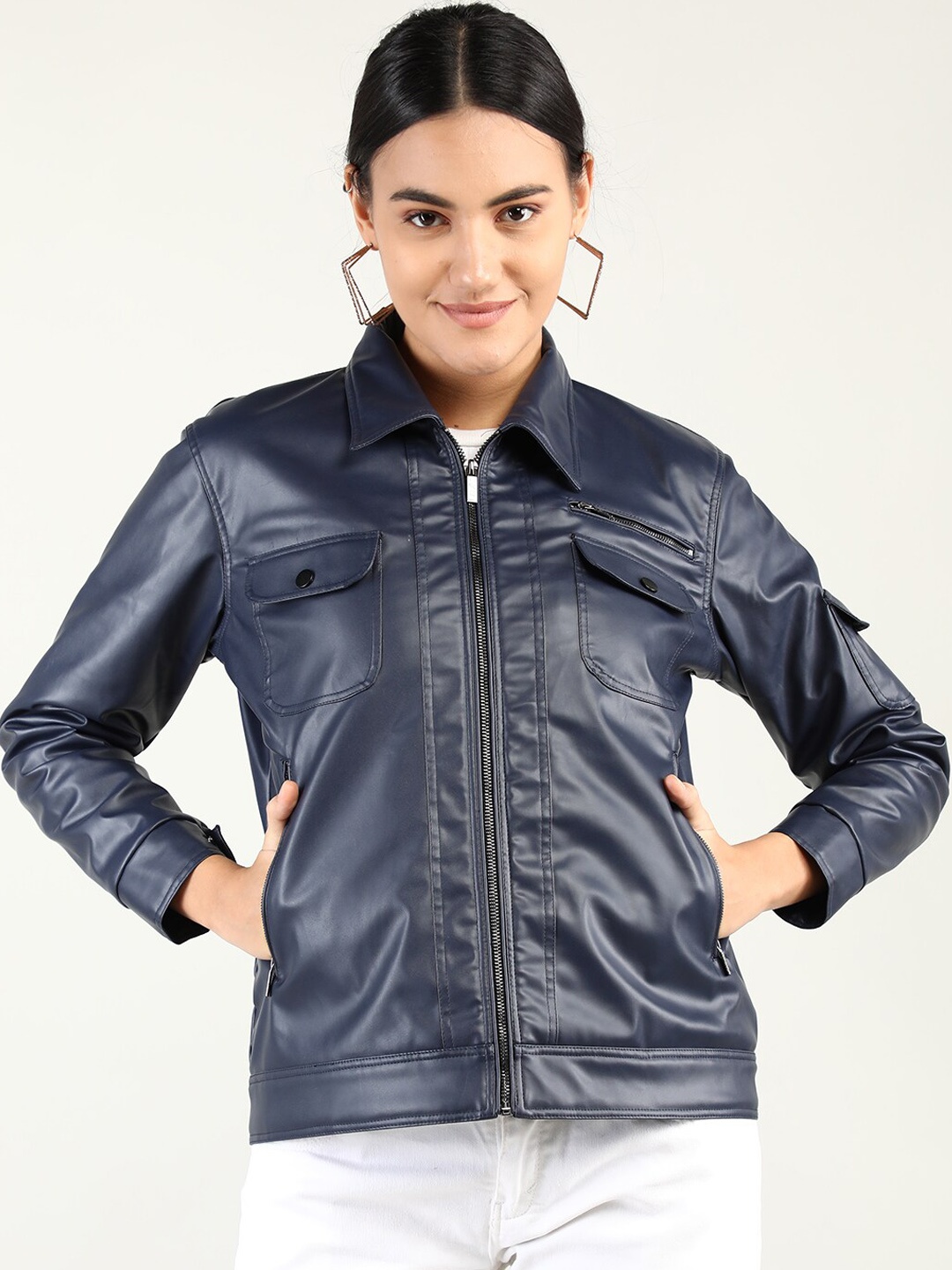 

Dlanxa Women Leather Jacket, Navy blue