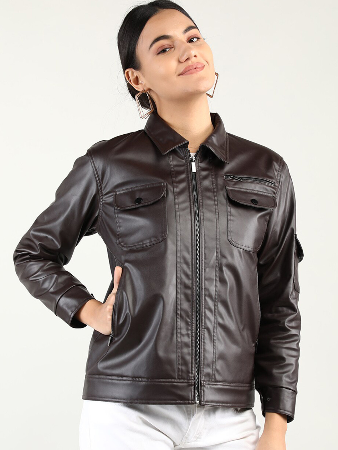 

Dlanxa Women Leather Jacket, Coffee brown