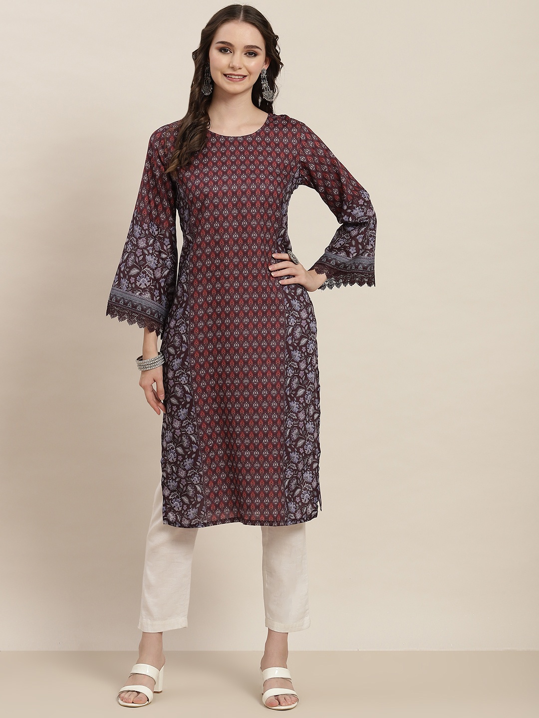 

Tikhi Imli Women Ethnic Motifs Printed Flared Sleeves Kurta, Burgundy