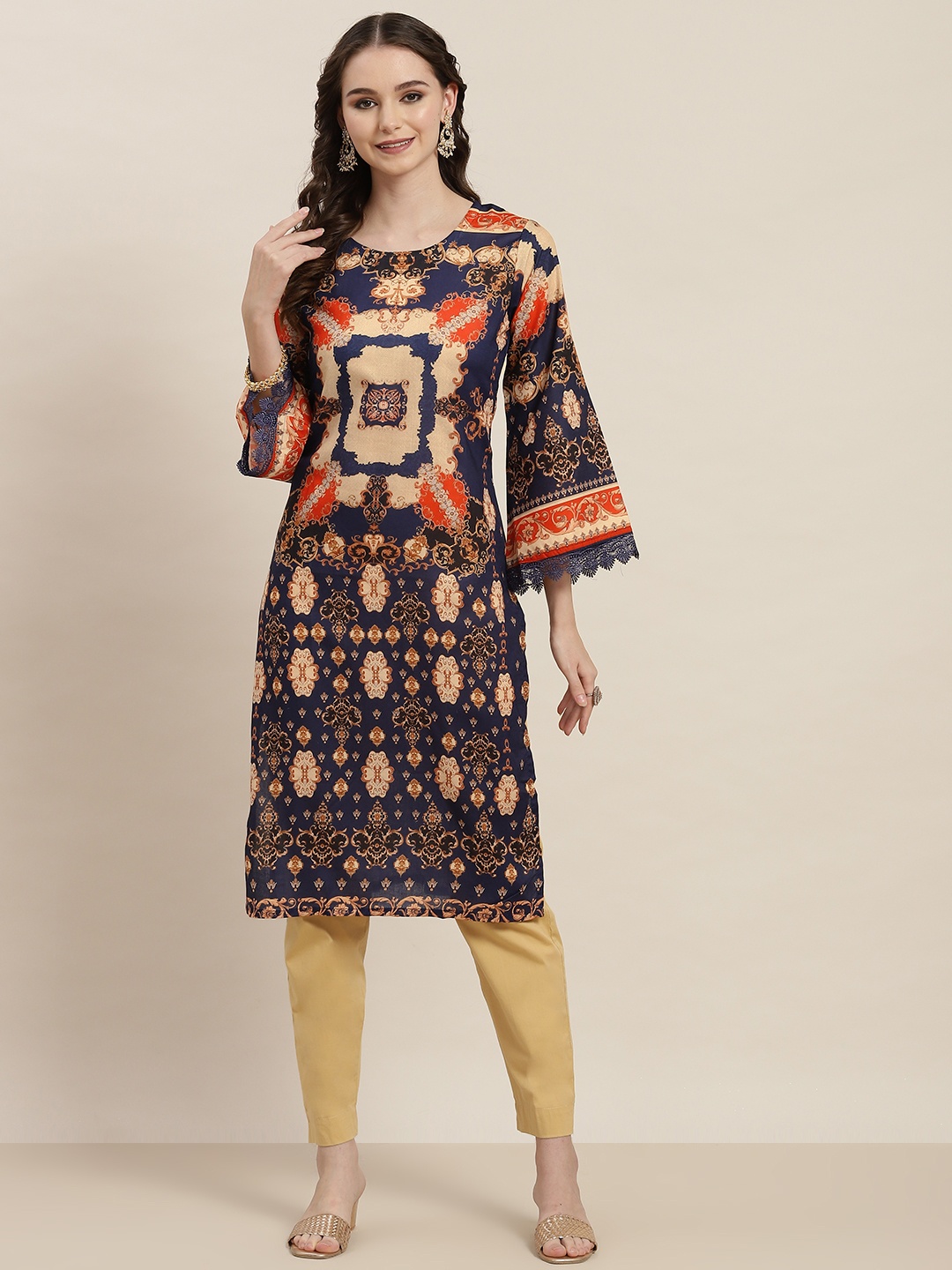 

Tikhi Imli Women Printed Flared Sleeves Kurta, Navy blue