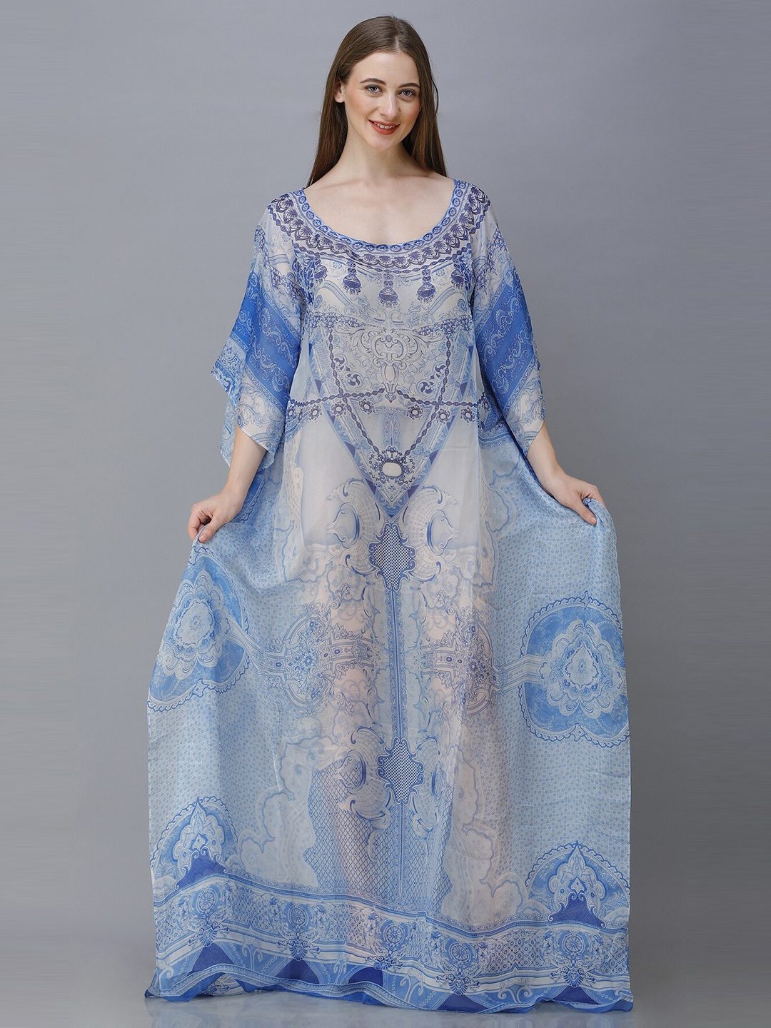 

Rajoria Instyle Women Printed Georgette Kaftan Maxi Dress, Blue