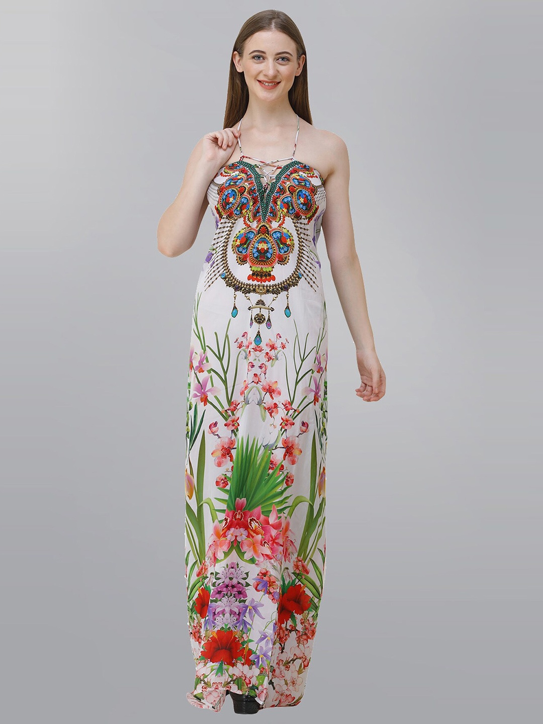 

Rajoria Instyle Floral Printed Georgette Maxi Dress, White