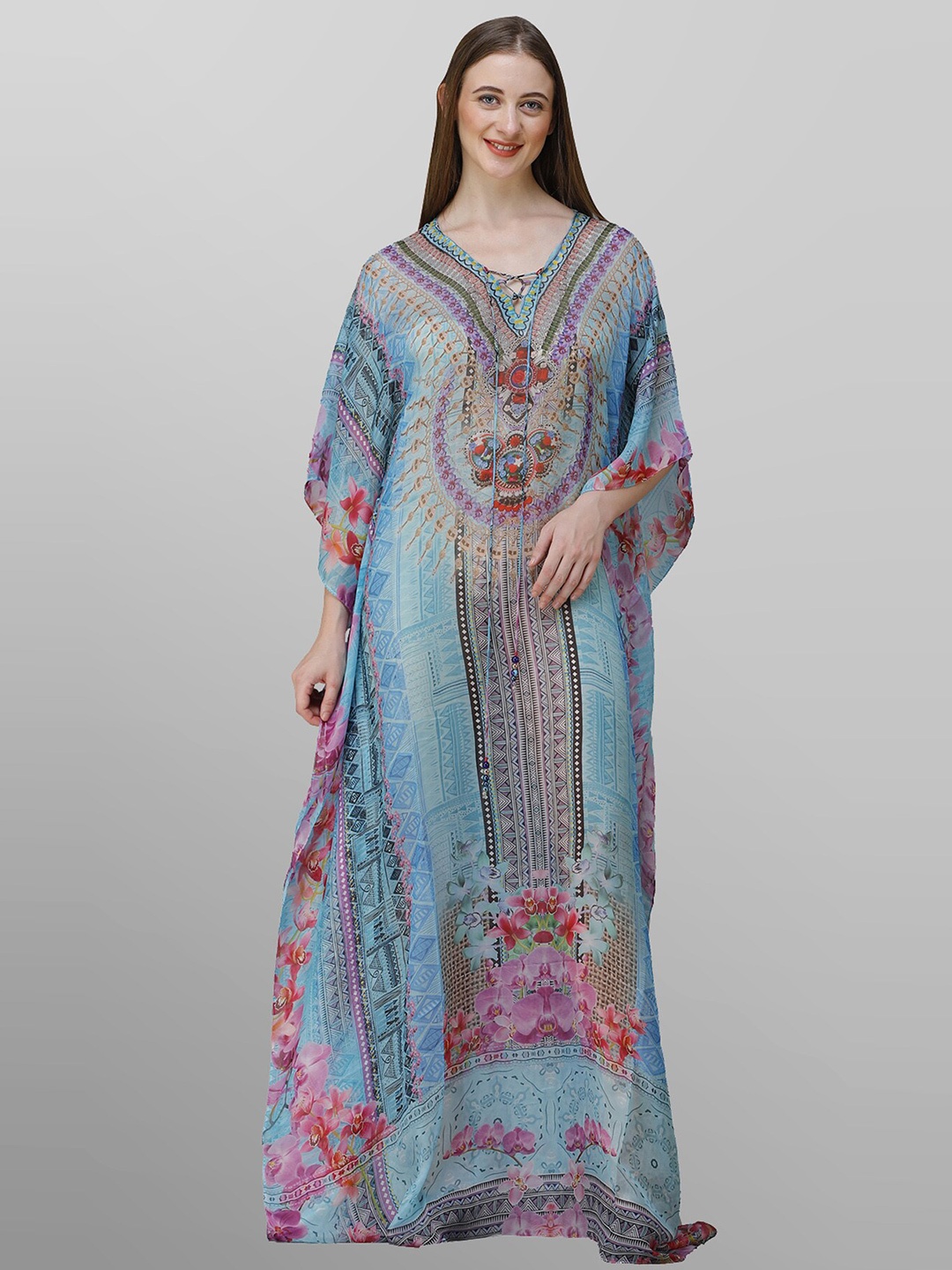 

Rajoria Instyle Floral Printed Georgette Kaftan Maxi Dress, Blue