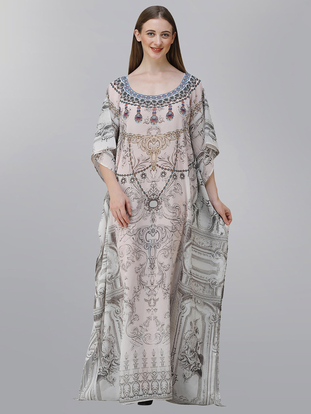 

Rajoria Instyle Printed Georgette Kaftan Maxi Dress, Grey