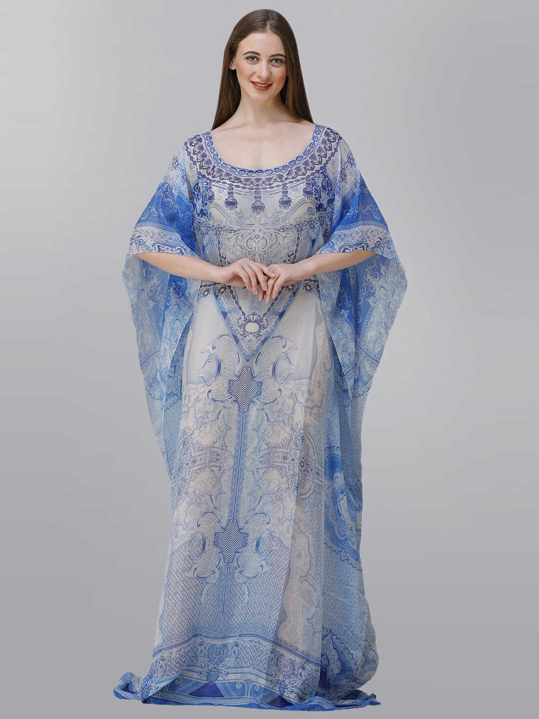 

Rajoria Instyle Printed Georgette Kaftan Maxi Dress, Grey
