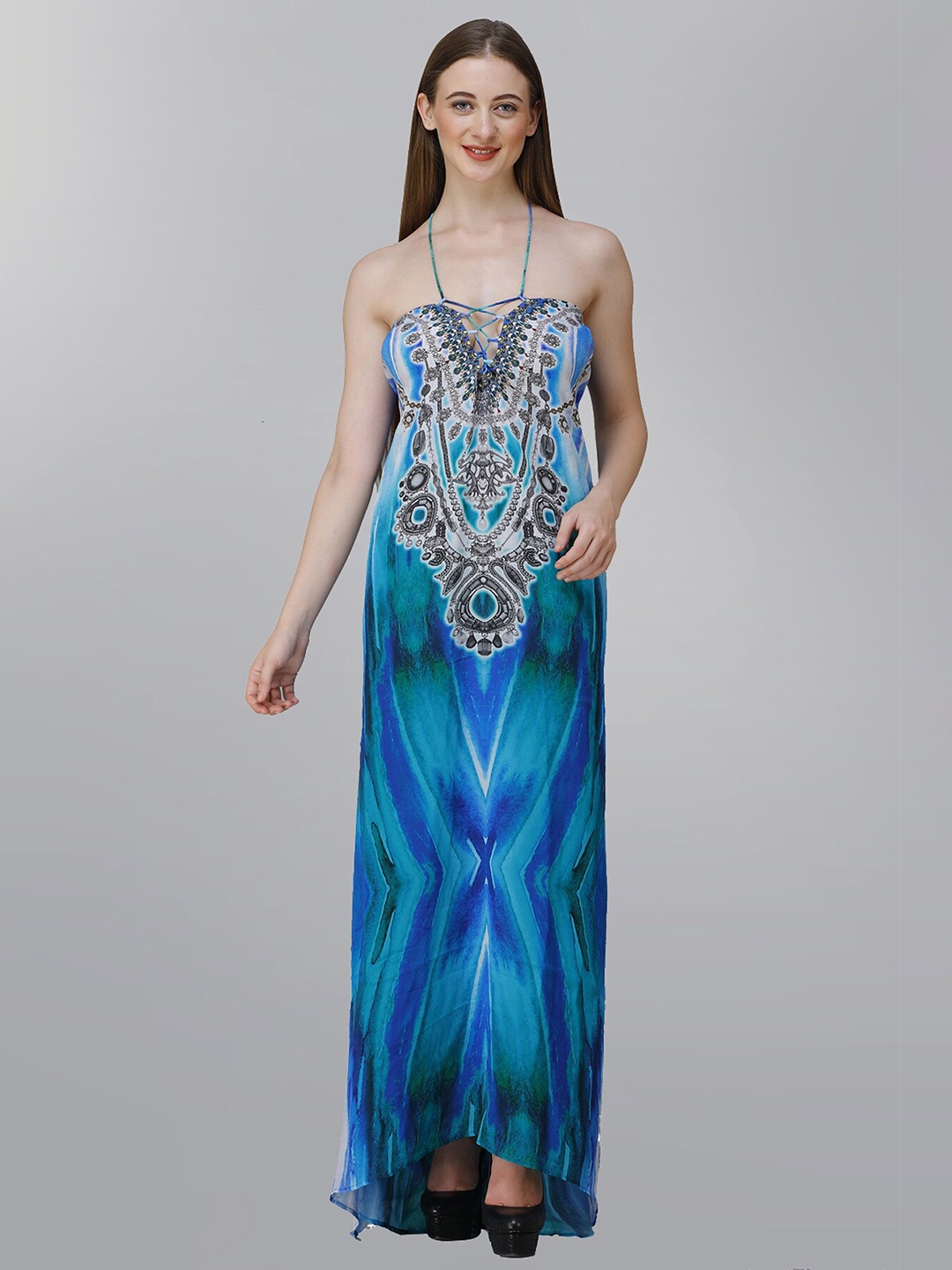 Rajoria Instyle Printed Georgette Kaftan Maxi Dress, Blue