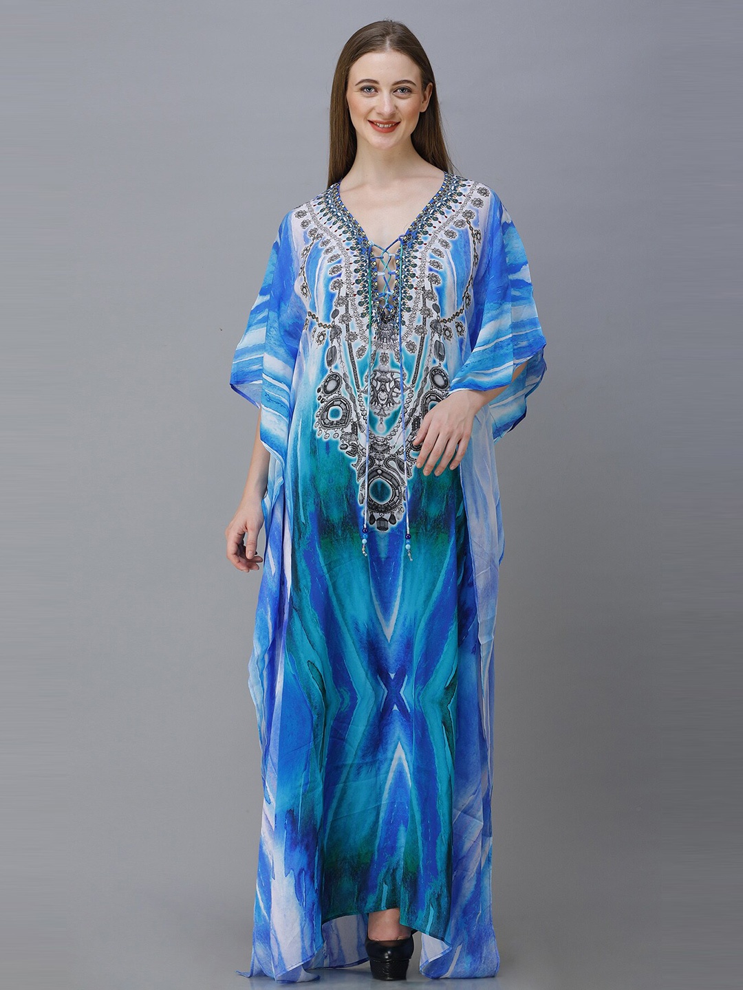 

Rajoria Instyle Printed Georgette Kaftan Maxi Dress, Blue