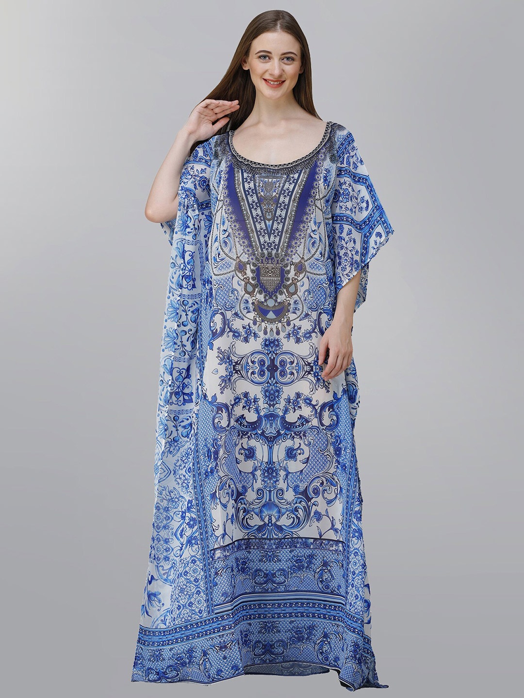 

Rajoria Instyle Printed Georgette Kaftan Maxi Dress, Blue