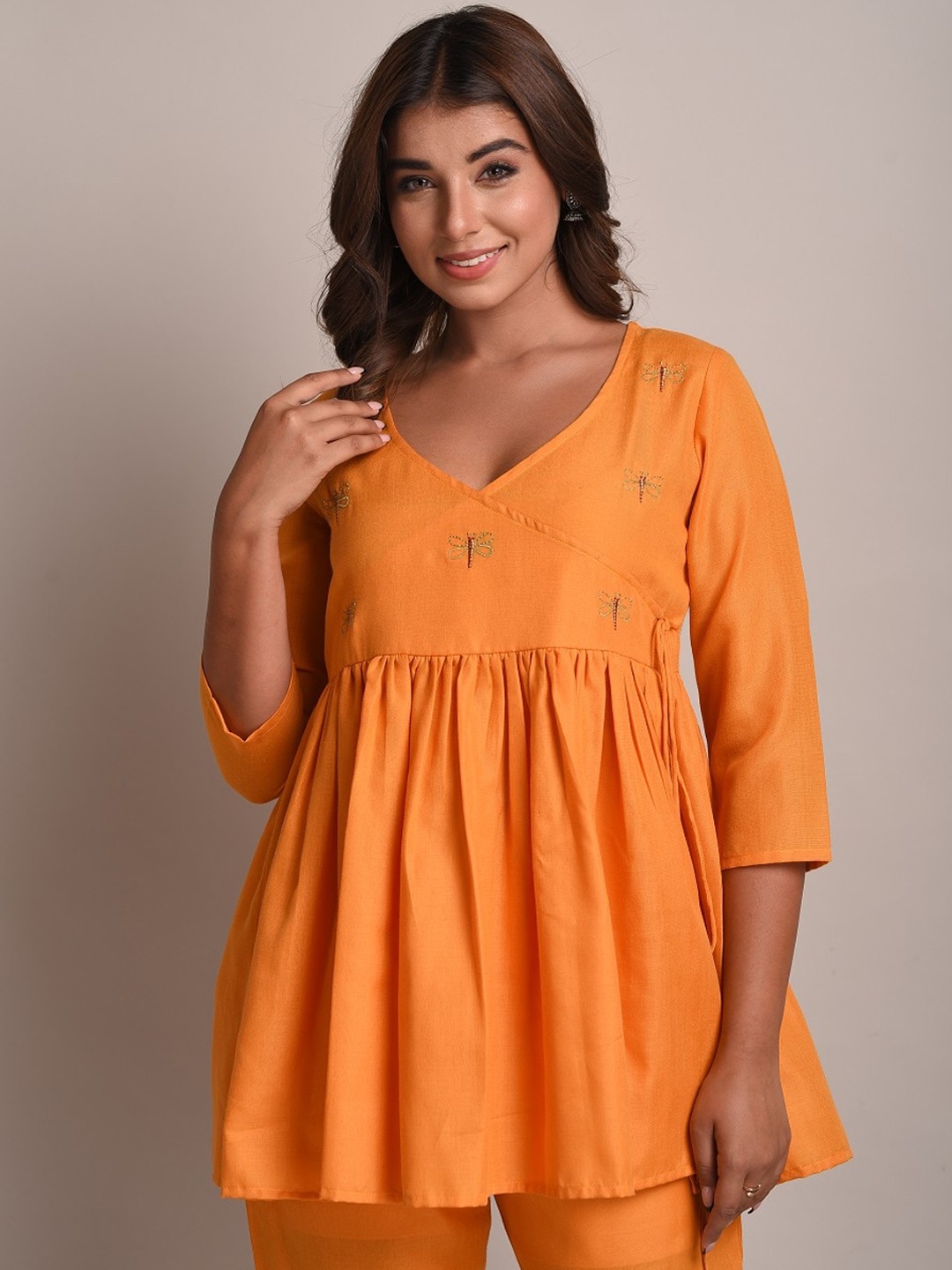 

TRISHLA INDIA Women Orange Embroidered Angrakha Pure Cotton Kurti with Trousers