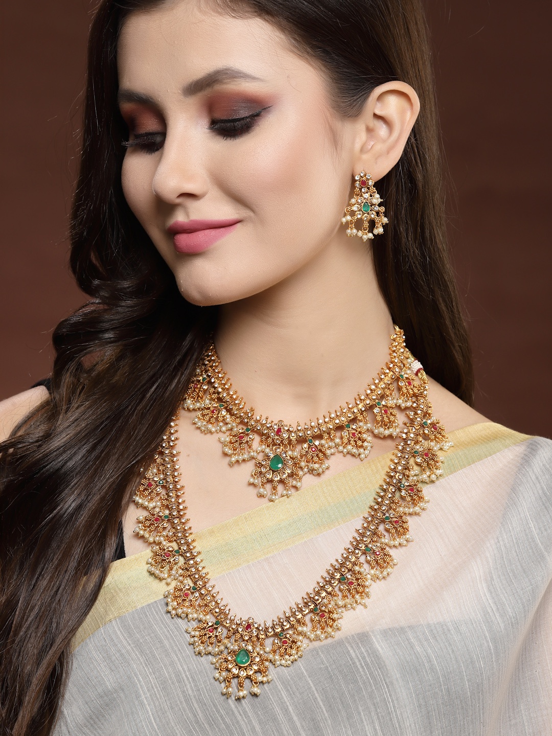 

PANASH Set Of 2 Gold-Plated Stone-Studded Jewellery Set