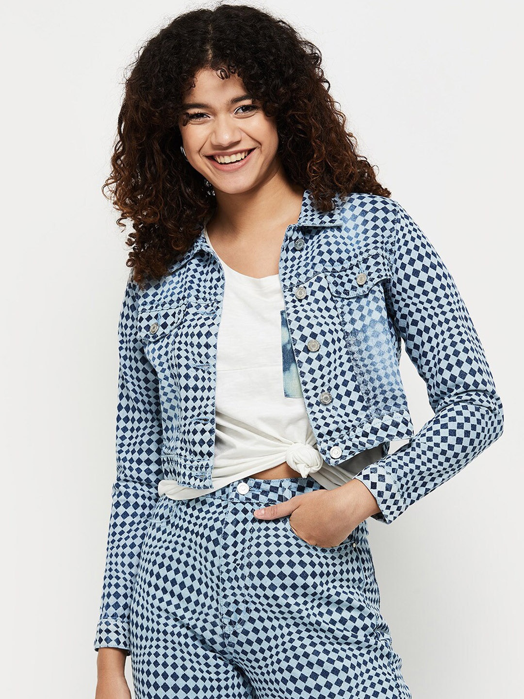 

max Women Checked Windcheater Crop Open Front Jacket, Blue