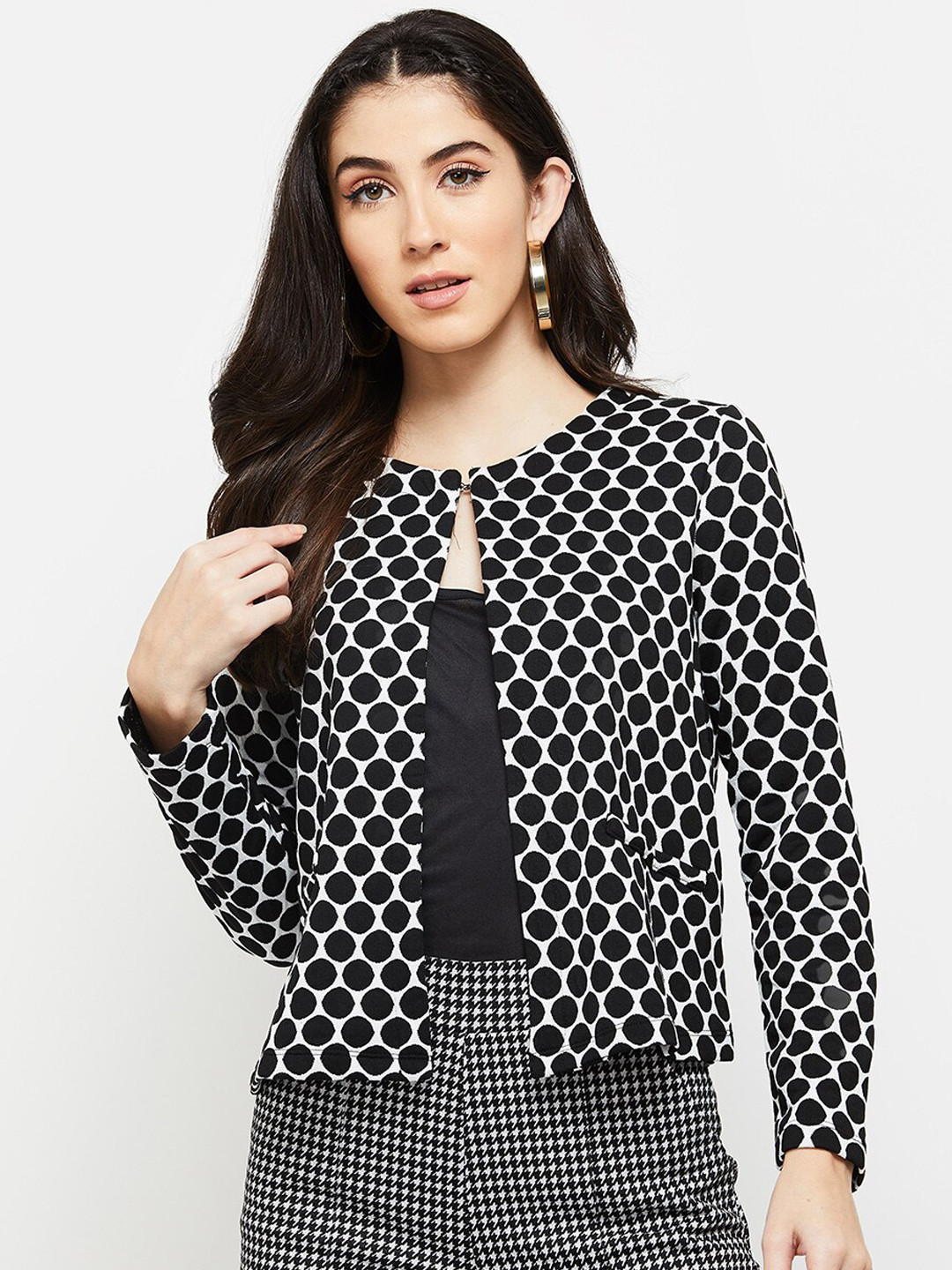 

max Women Geometric Windcheater Open Front Jacket, Black