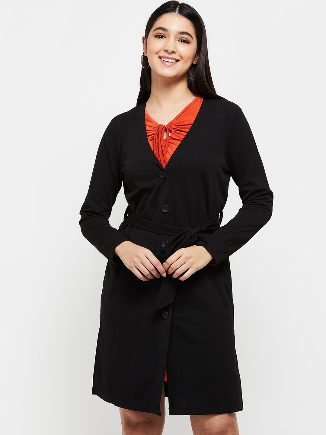 

max Women Windcheater Longline Open Front Jacket, Black