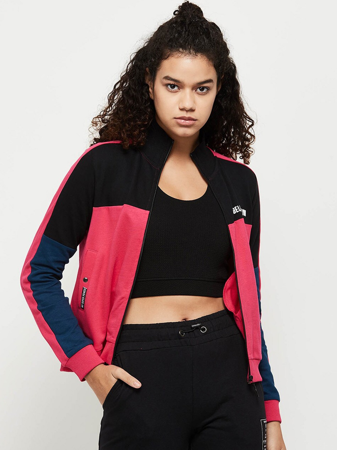 

max Women Colourblocked Windcheater Open Front Jacket, Fuchsia