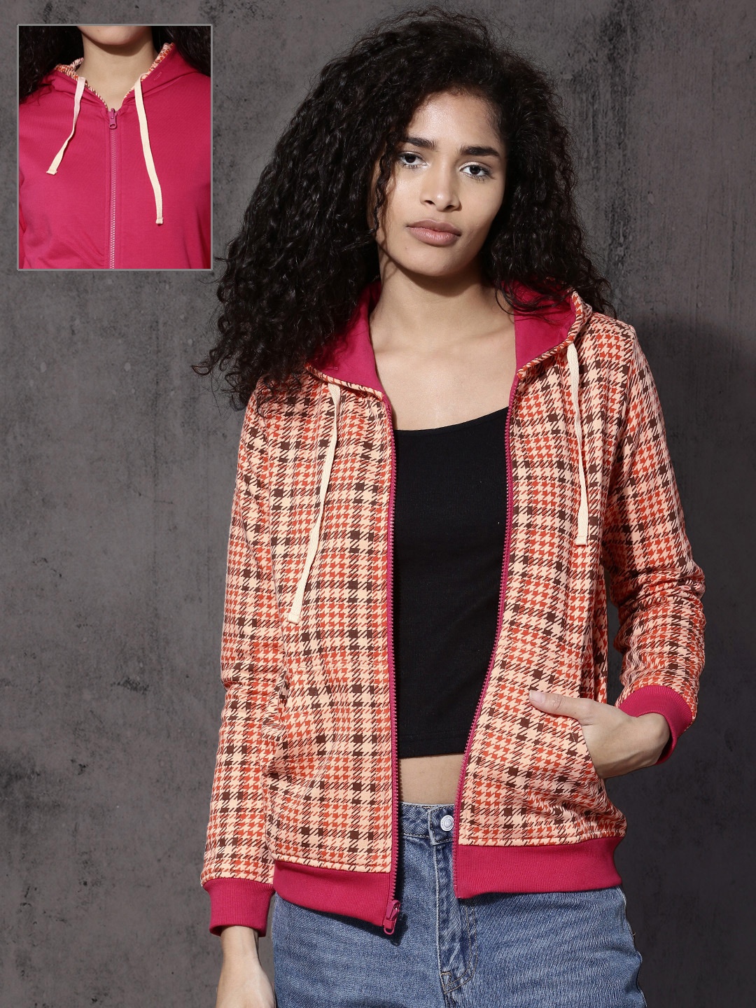 

Roadster Women Pink & Red Checked Reversible Hooded Sweatshirt