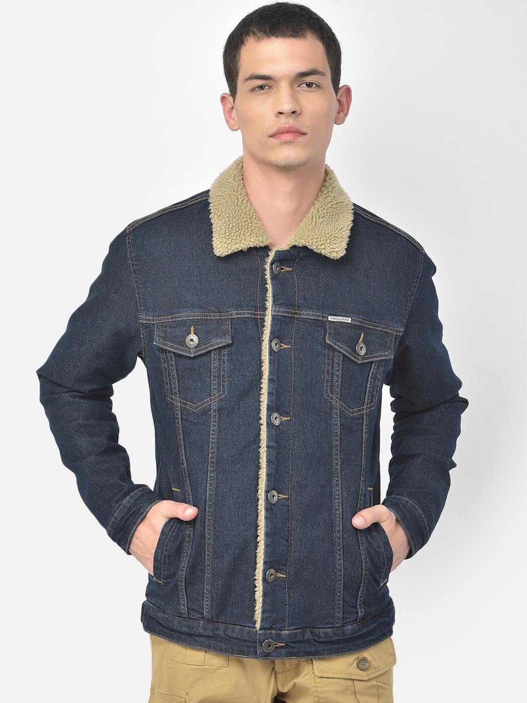 

Woodland Men Blue Denim Jacket with Patchwork