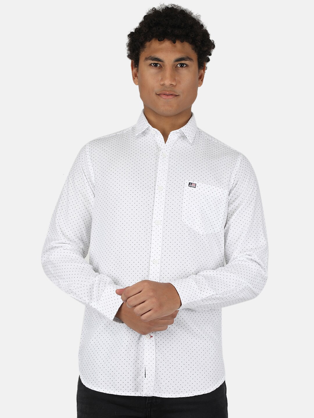 

Monte Carlo Men White Classic Slim Fit Micro Ditsy Printed Pure Cotton Casual Shirt