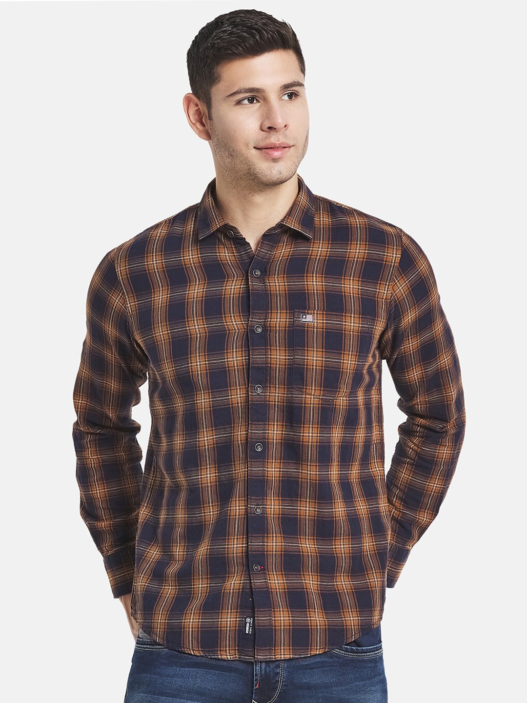 

Monte Carlo Men Classic Checked Pure Cotton Casual Shirt, Brown
