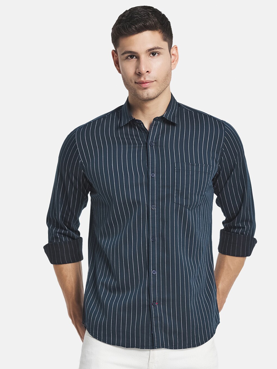 

Monte Carlo Men Classic Striped Pure Cotton Casual Shirt, Navy blue