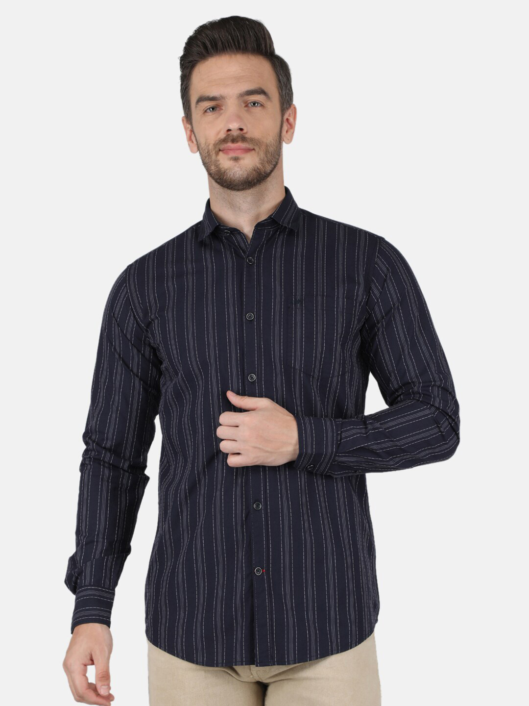 

Monte Carlo Men Classic Striped Slim Fit Pure Cotton Casual Shirt, Navy blue
