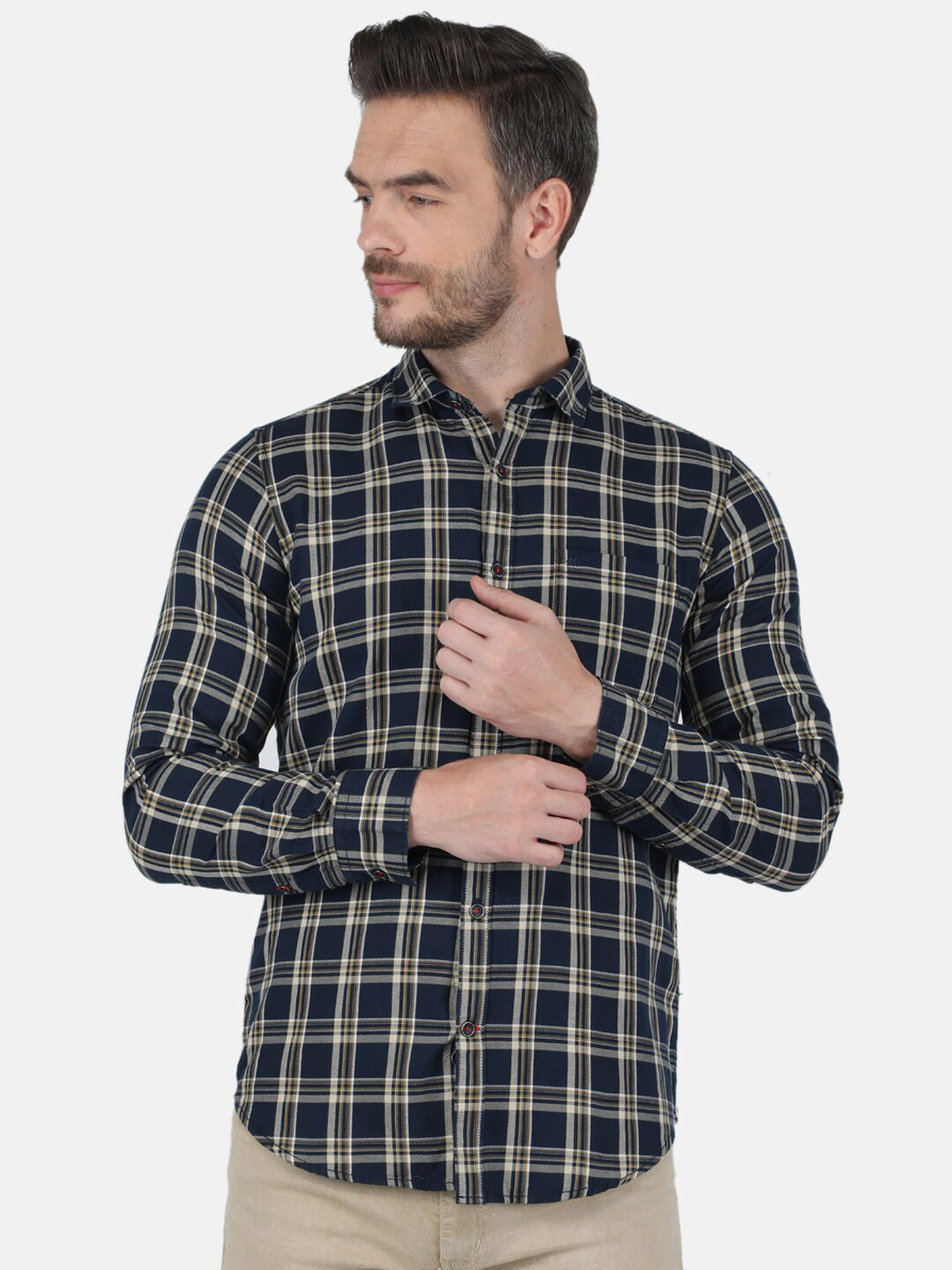 

Monte Carlo Men Classic Tartan Checks Pure Cotton Casual Shirt, Navy blue