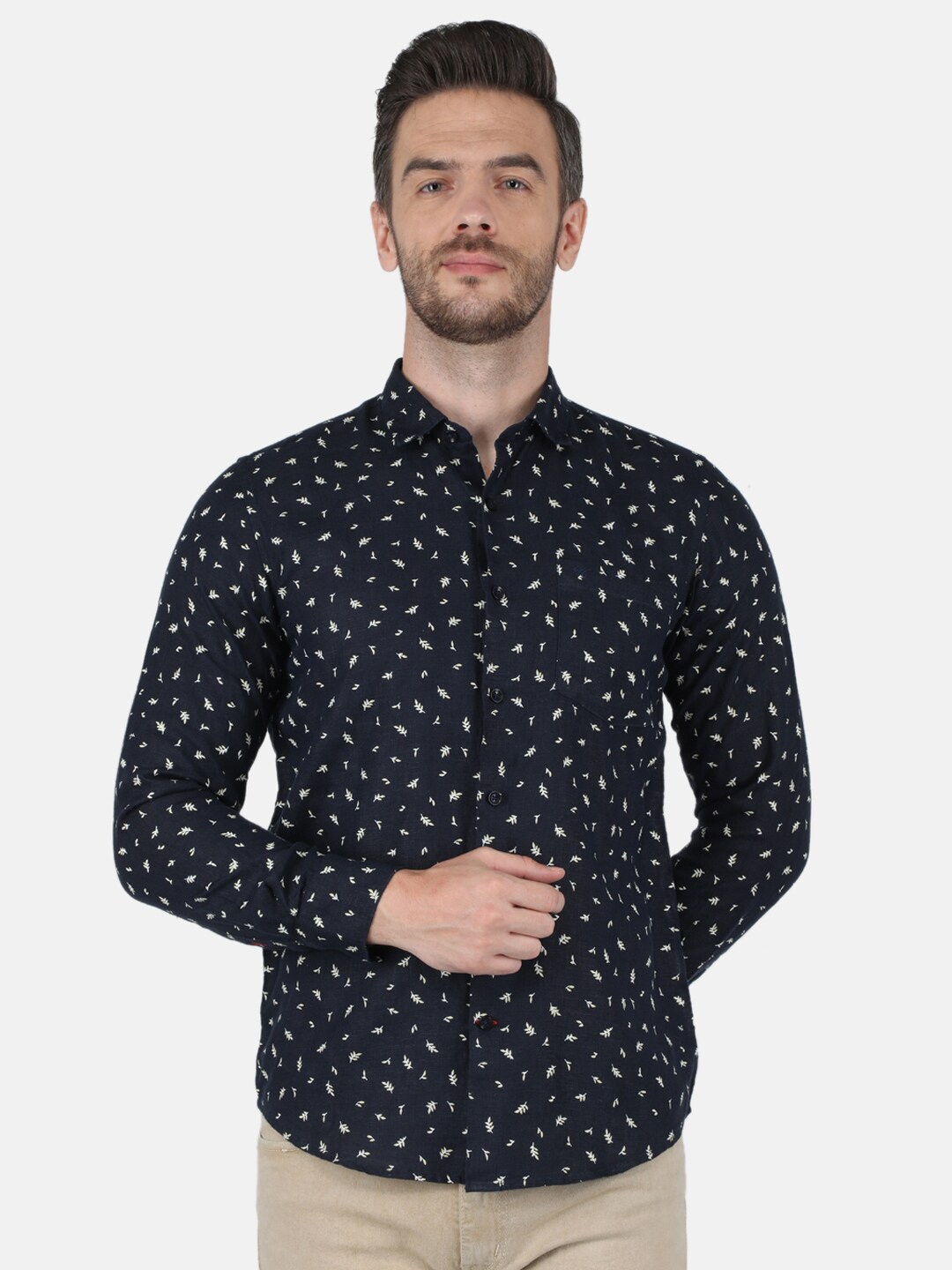 

Monte Carlo Men Classic Floral Printed Linen Casual Shirt, Navy blue