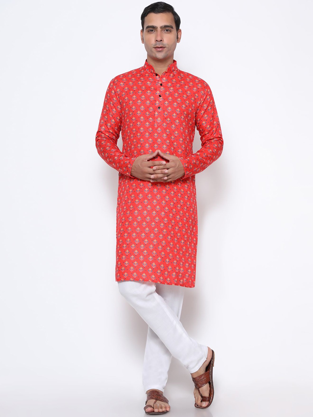 

Phenav Men Silk Ethnic Motifs Printed Khadi Kurta, Orange