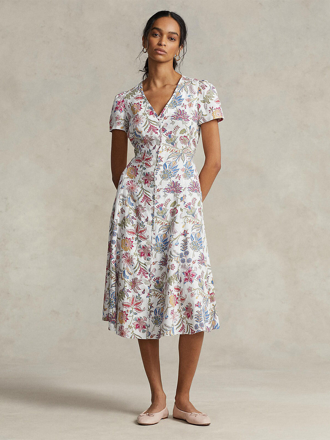 

Polo Ralph Lauren Women Floral Linen A-Line Midi Dress, White