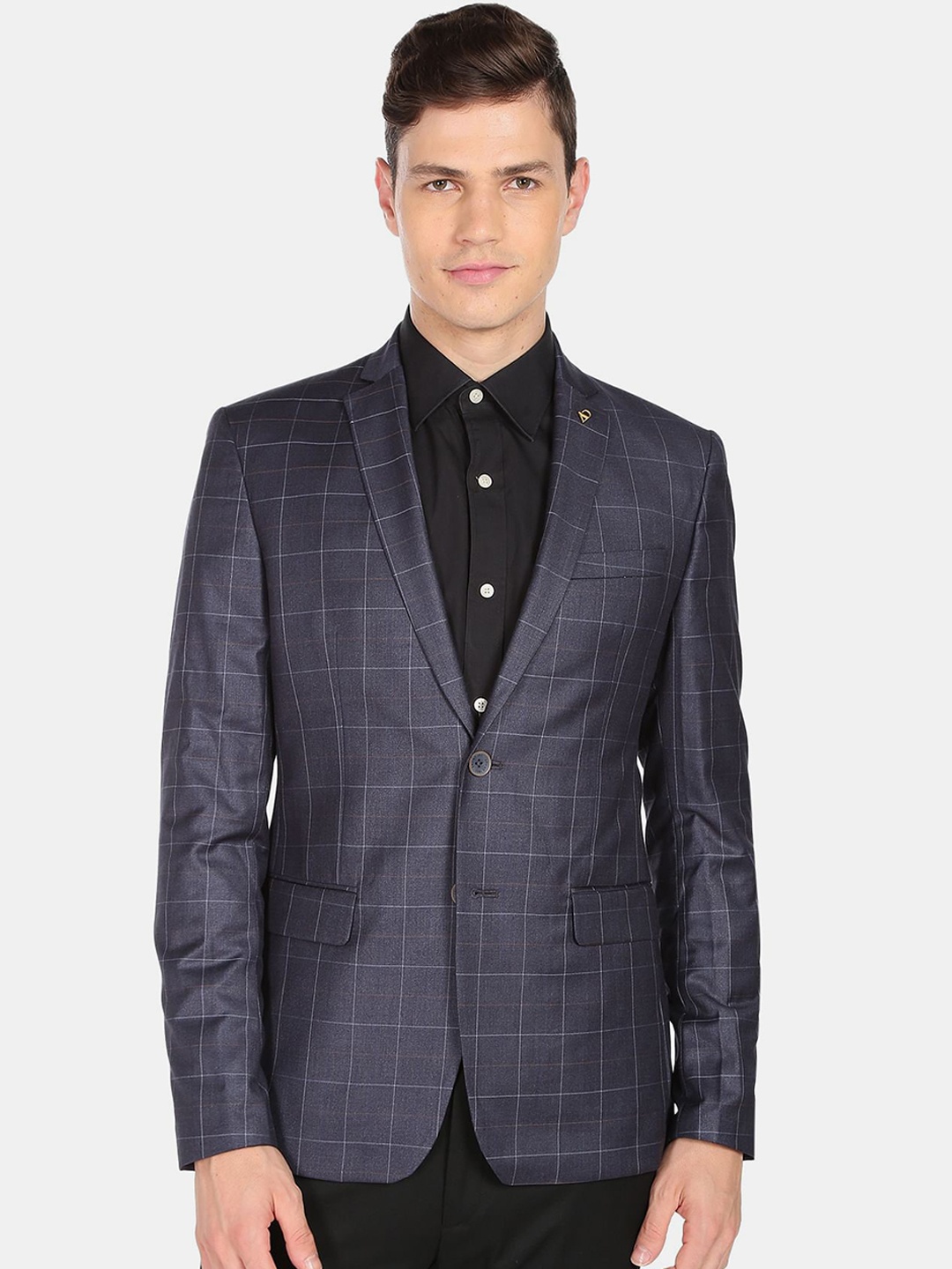 

AD By Arvind Men Checked Single Breasted Tailored-Fit Blazer, Navy blue