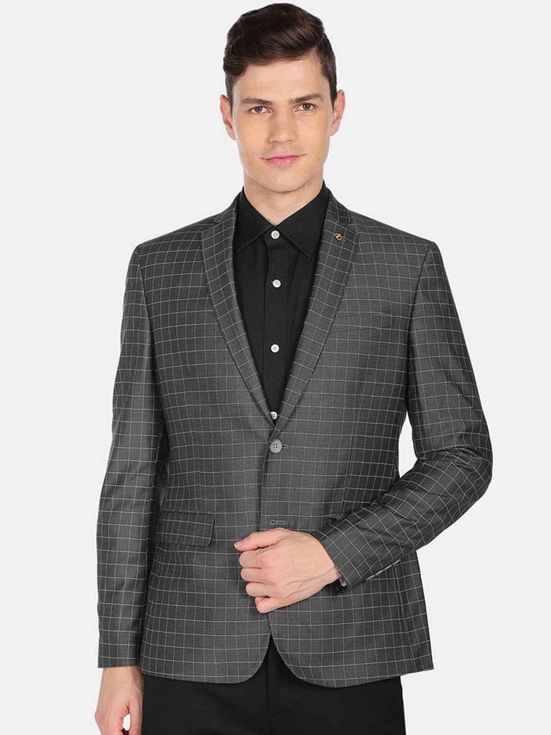 

AD By Arvind Men Checked Tailored-Fit Single Breasted Formal Blazers, Grey