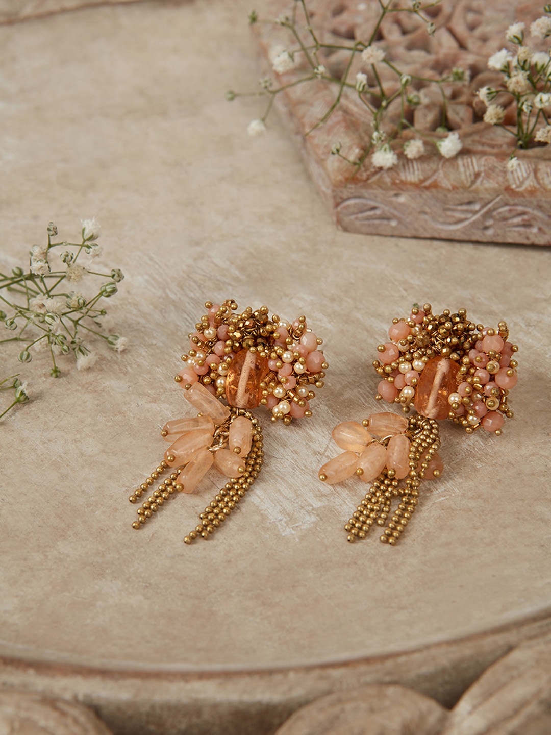 

D'oro Gold-Plated Beaded Contemporary Drop Earrings, Peach