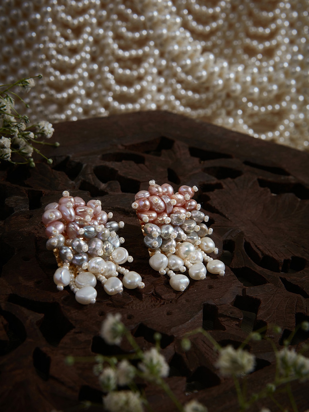 

D'oro Pearls Studded Contemporary Drop Earrings, Pink