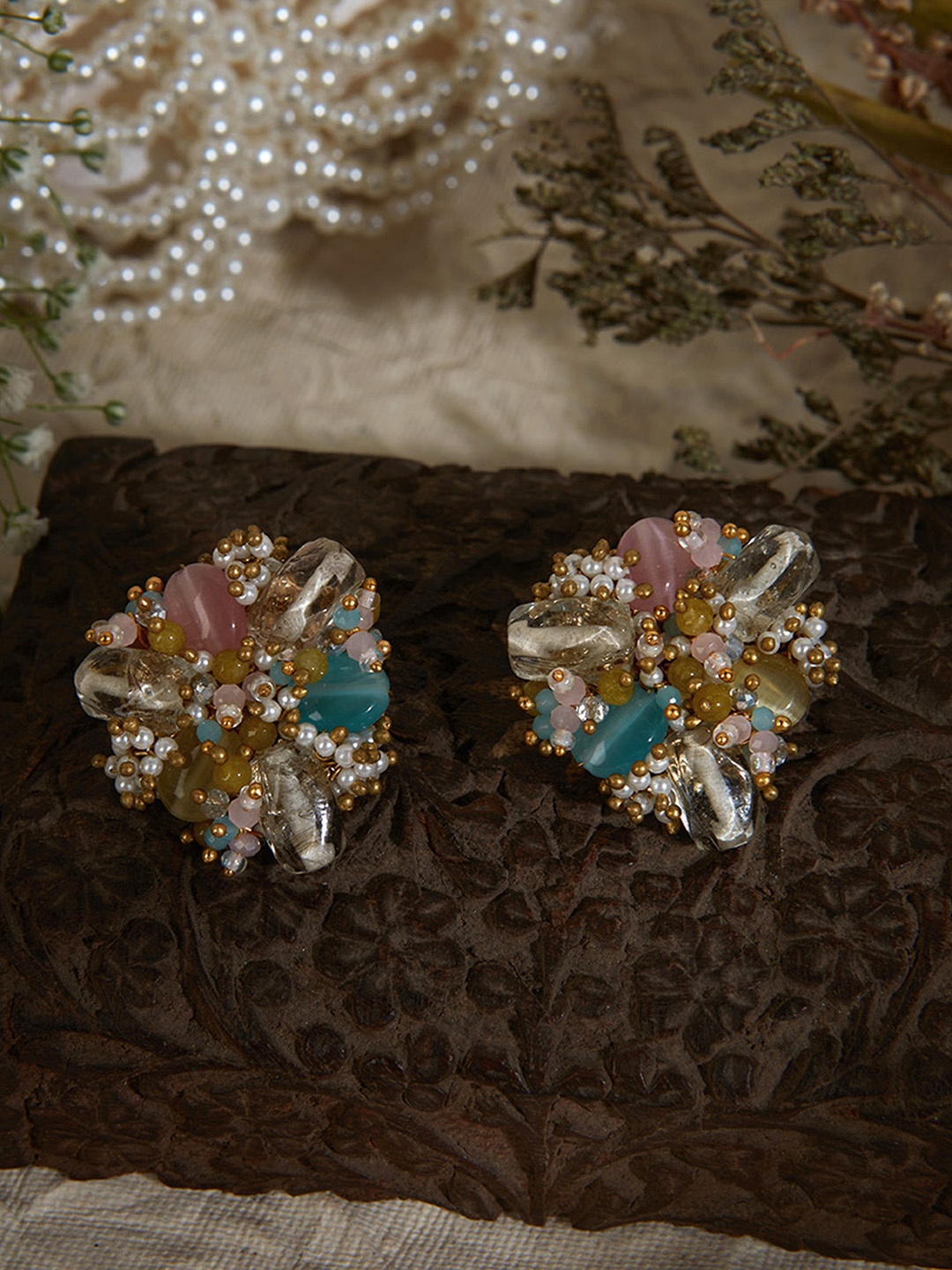 

D'oro Gold-Plated Pearls Studded Contemporary Studs Earrings, Pink