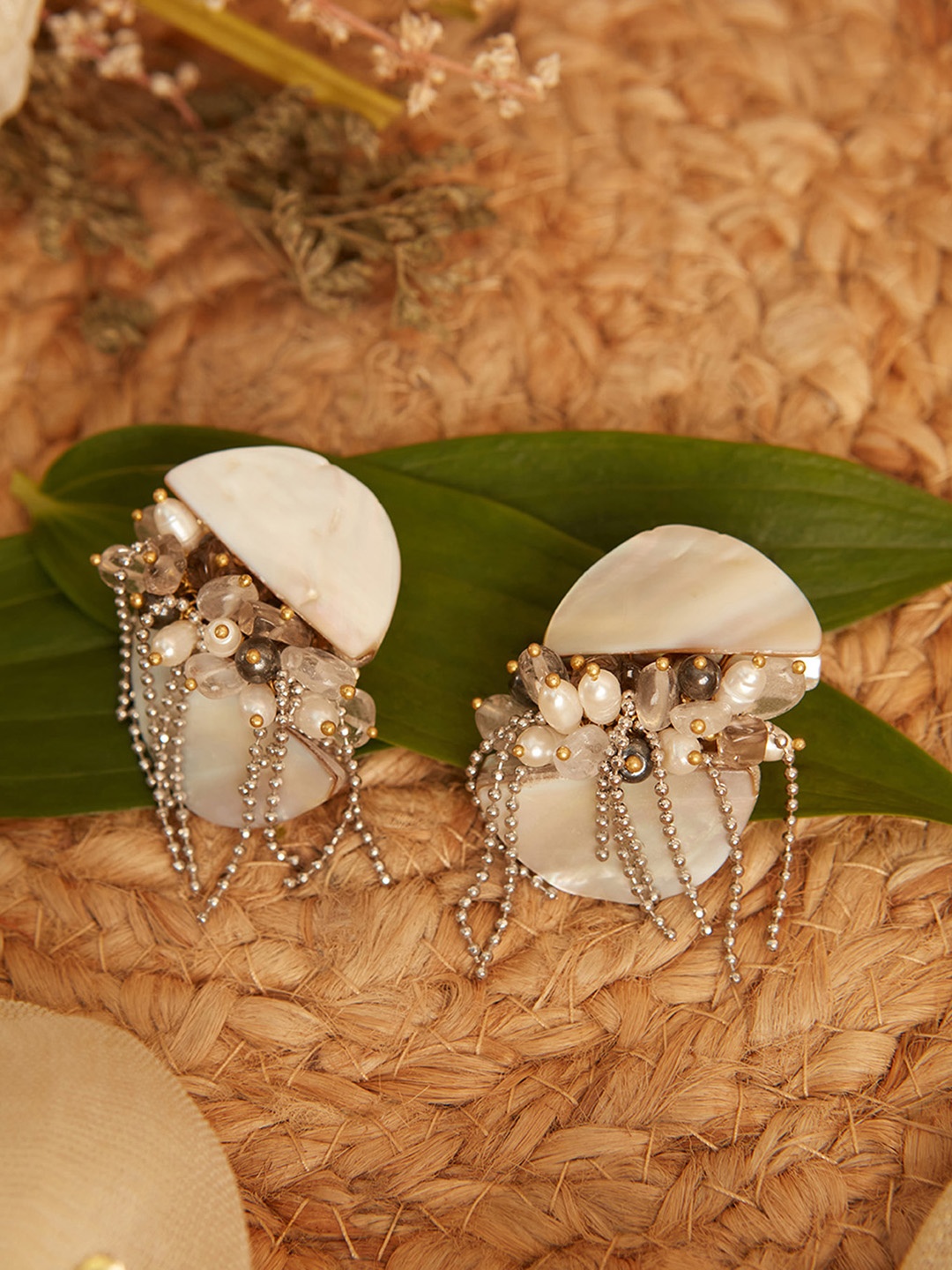

D'oro Pearls & Shell Studded Contemporary Drop Earrings, Pink