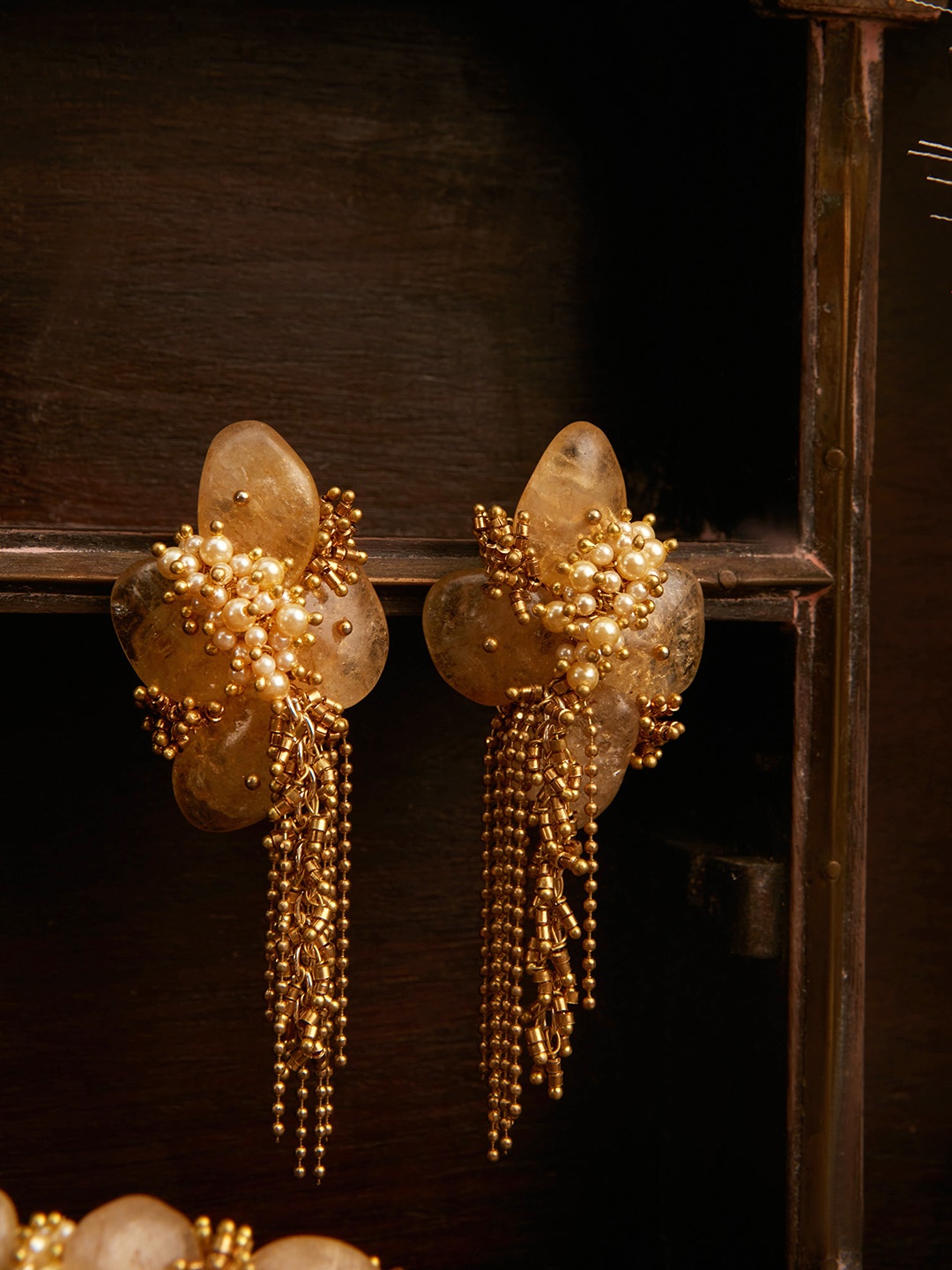 

D'oro Gold-Plated Pearls Studded Contemporary Drop Earrings, Beige