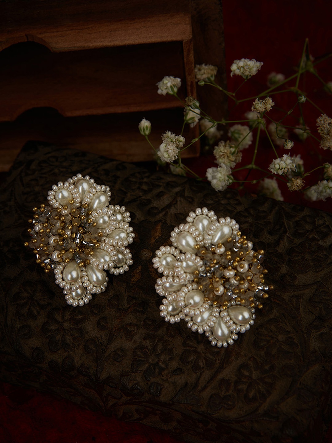 

D'oro Gold-Plated Pearls Studded Contemporary Drop Earrings, White