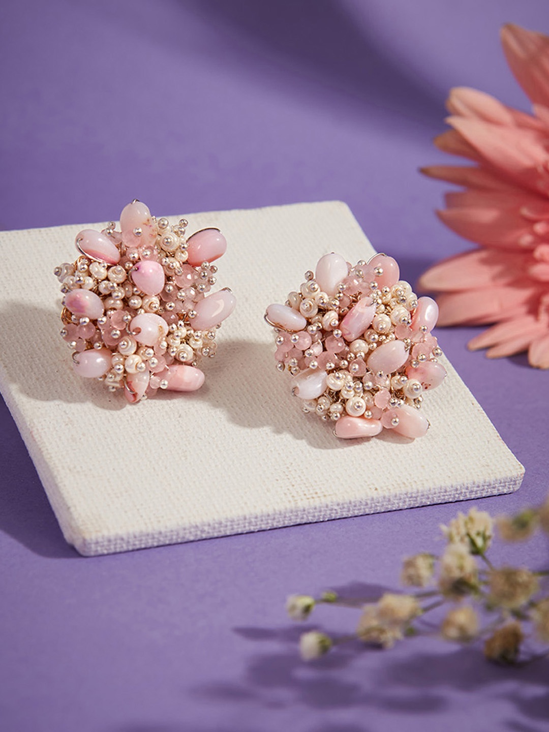 

D'oro Onyx Studded Contemporary Drop Earrings, Pink
